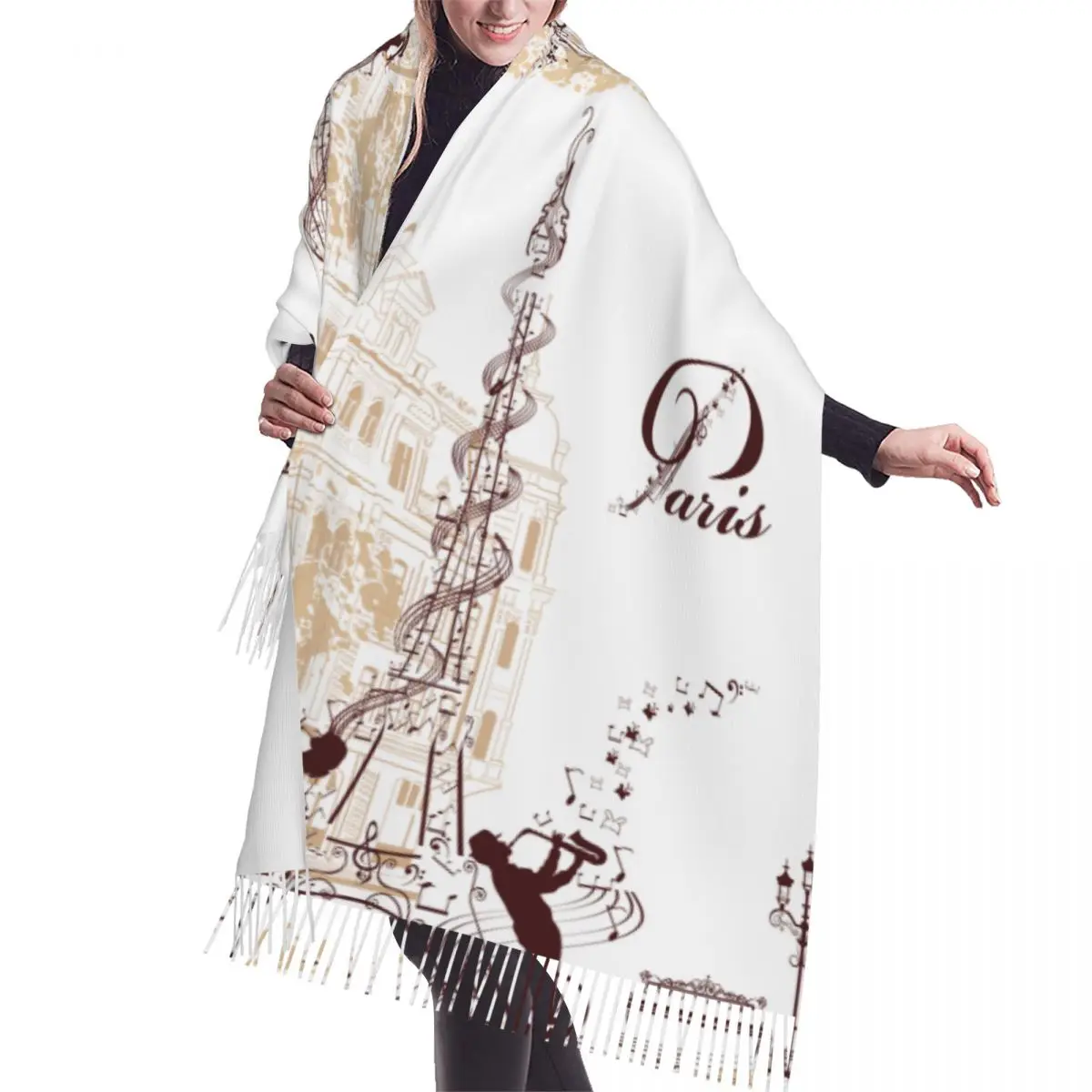 

Осенне-зимние теплые шарфы модная шаль с изображением Эйфелевой музыки шарфы с кисточками повязка на шею хиджабы палантин