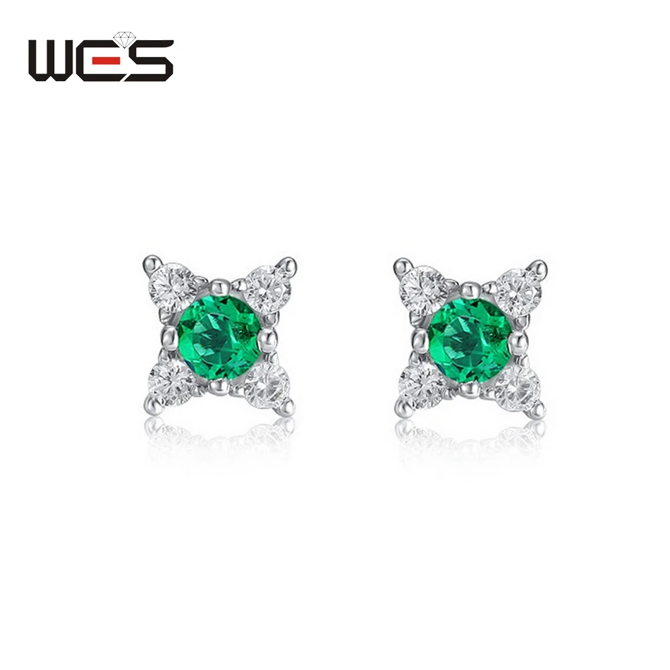 

WES 925 Sterling Silver Stud Earrings for Women Growing Emerald Green Gemstone Party Wedding Engagement Gift Fine Jewelry