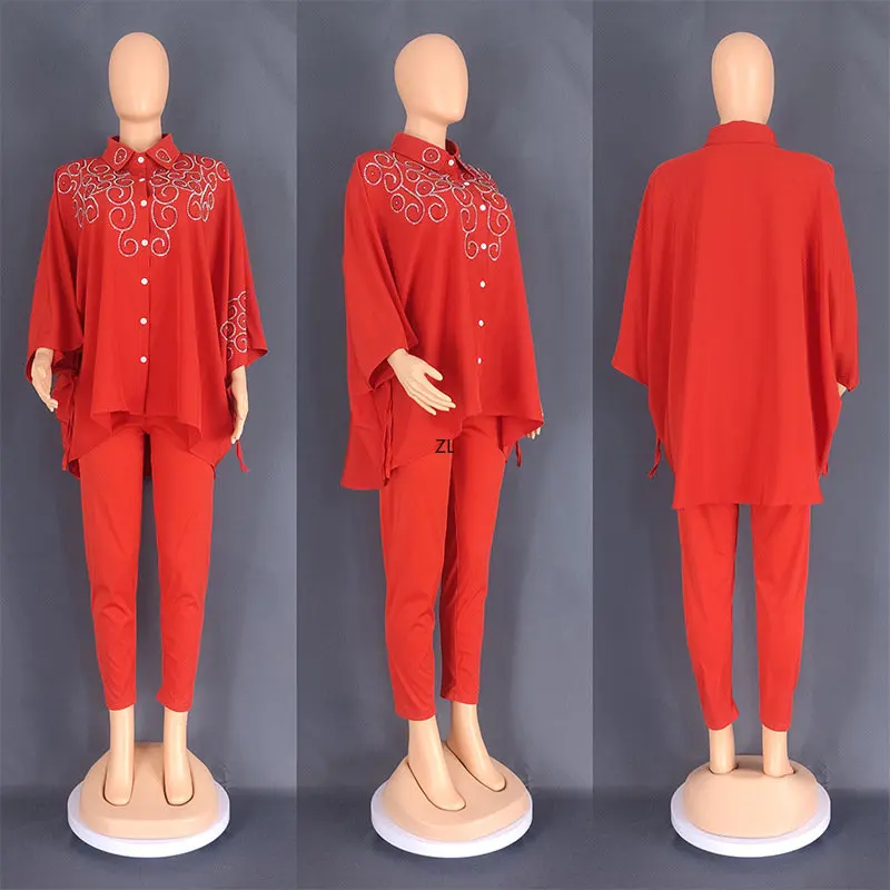 2 Two Piece Set Diamonds Three Quarters Sleeve Blouse Tops And Pant Suits Summer Autumn Women Set Sheath Matching Fashion Outfit
