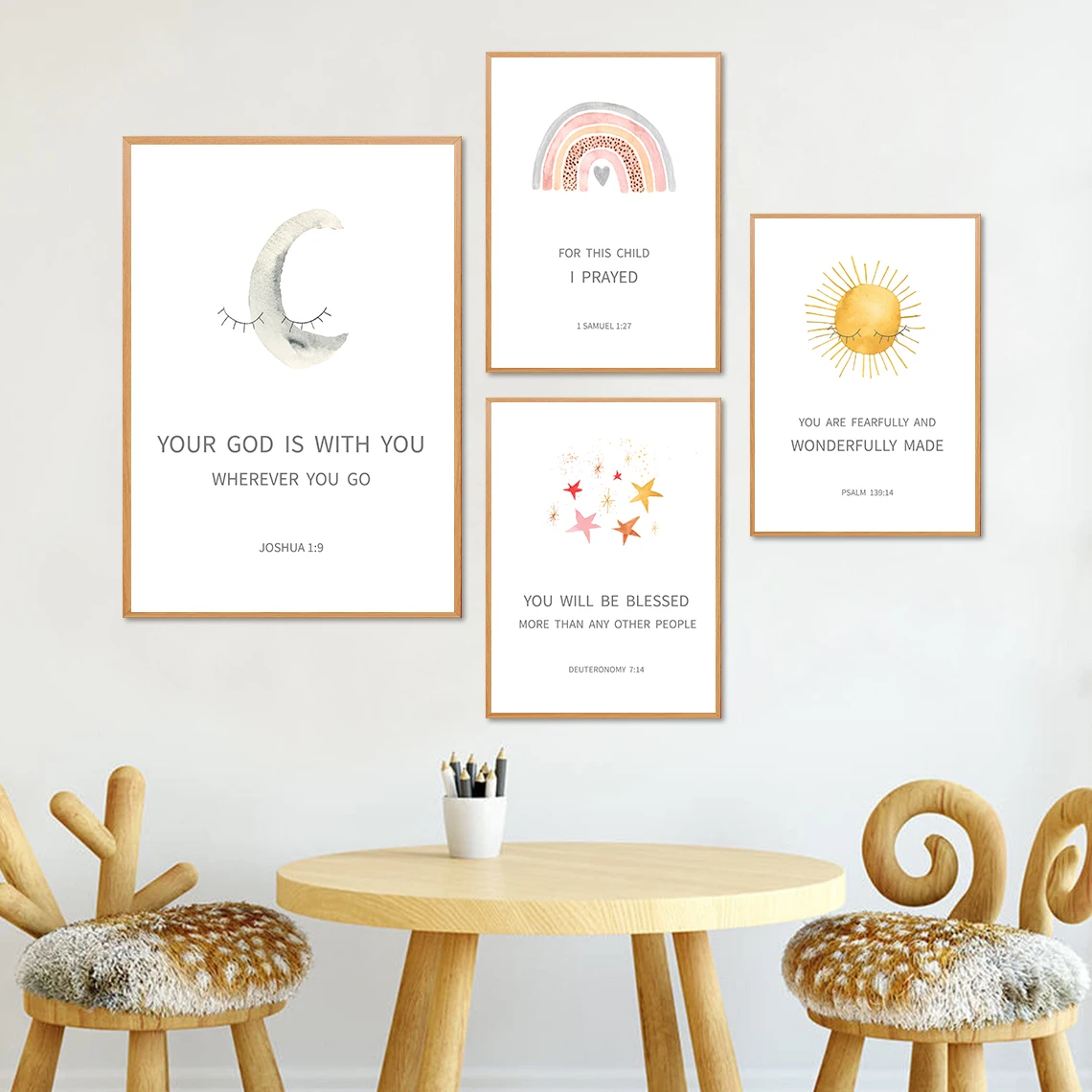 

Joshua 1:9 Nursery Bible Verse Wall Art Canvas Painting Kids Scripture Poster Sun Rainbow Moon Star Print Baby Room Decoration