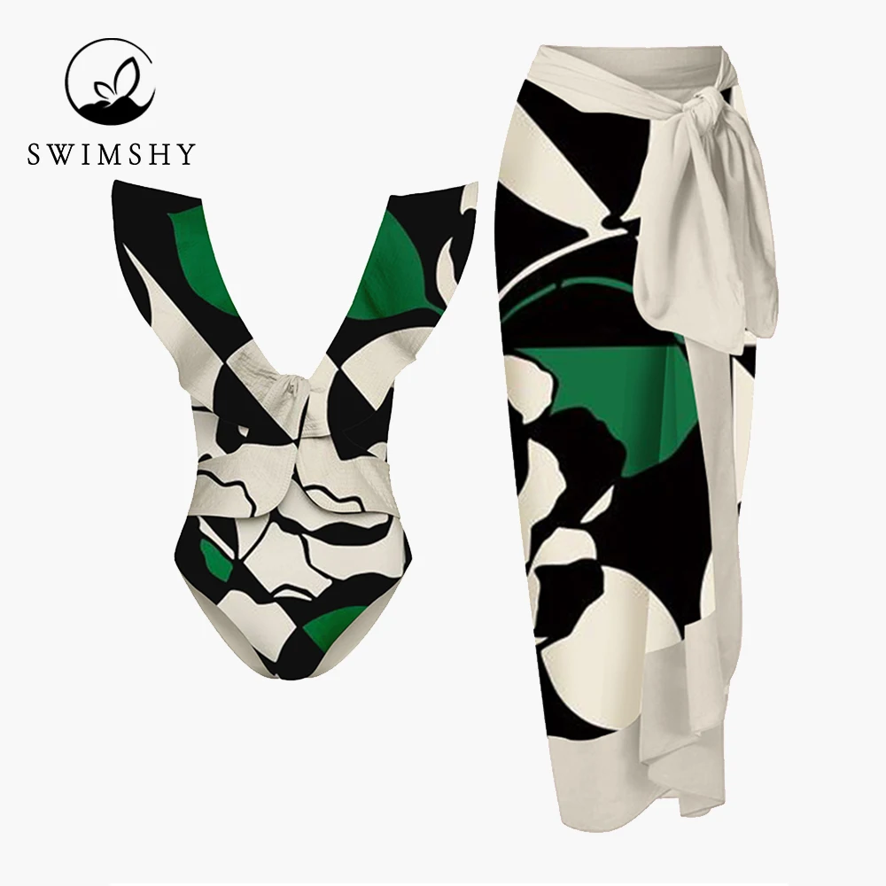 

Fashion Ruffle Print Chic One Piece Swimsuits Colorblock Vintage Bathing Suits Vacation Beach Outfits V-neck Surf Wear Backless