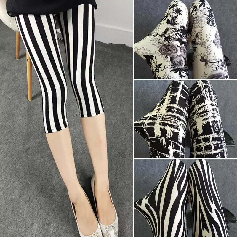 

Floral Grid Stripe Print Leggings Capris Womens Leggins Summer Calf-Length Stripe Short Pant