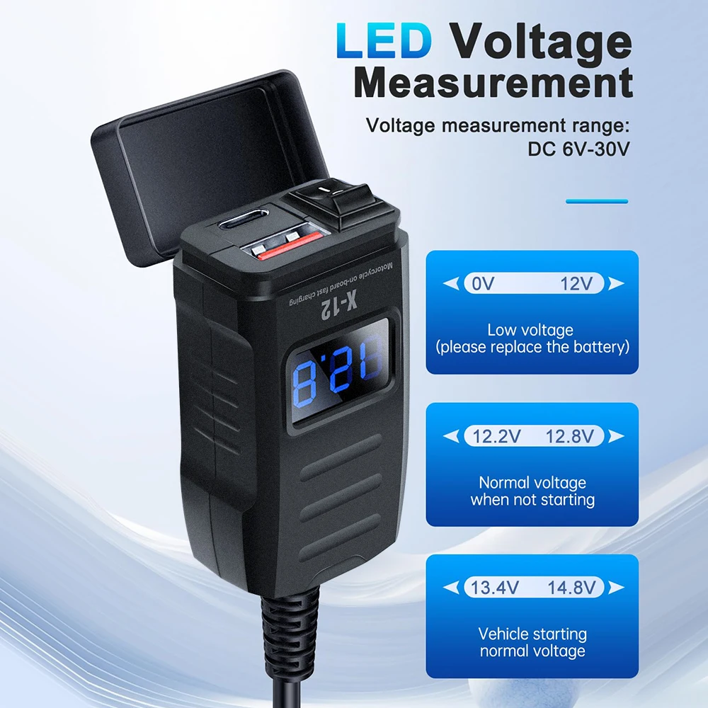 Фото Зарядное устройство для мотоцикла 48W PD QC3.0, водонепроницаемая зарядная розетка с двумя портами и цифровым вольтметром, разъем SAE, адаптер питания на руль №3