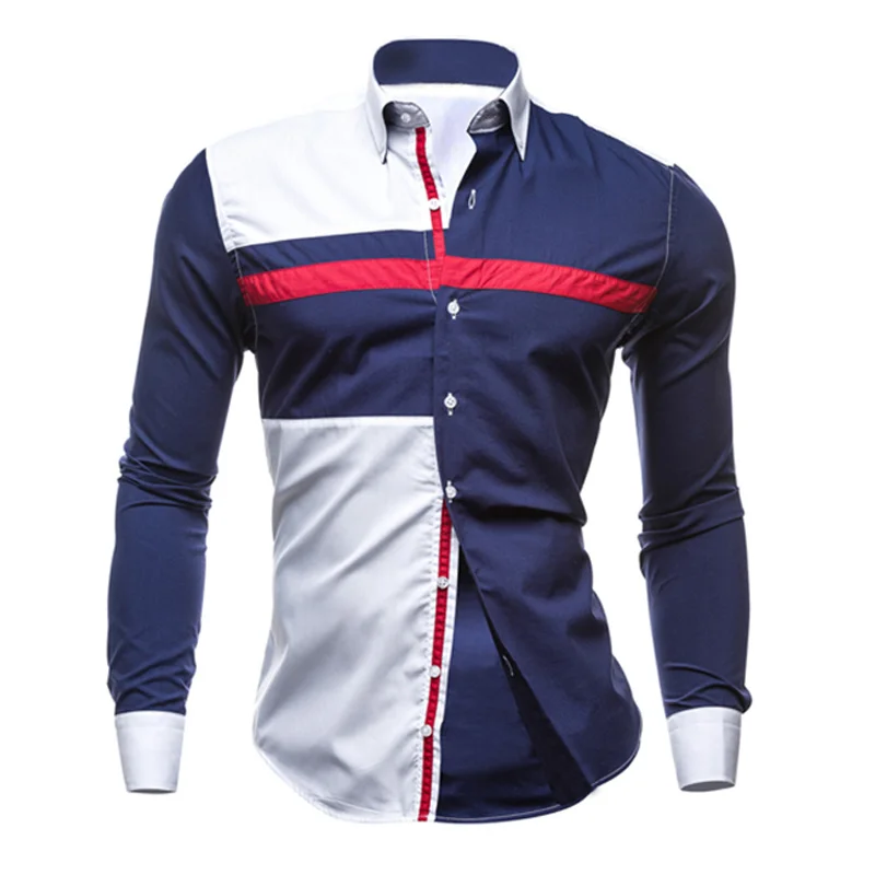 

Men Long Sleeve Shirt Male Striped Shirts Slim Fit Male Casual Social Patchwork Shirt Turn-down Collar Camisa Masculina