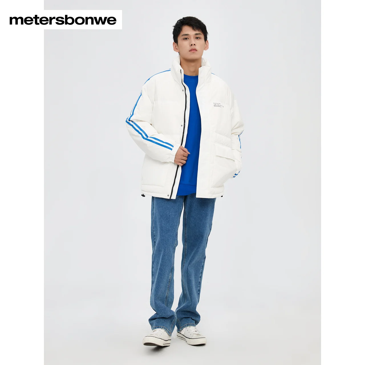 Metersbonwe Men's 22New Winter Stripe Down Jackets Sport Style 80%Duck Down Thick Fashion Warm Wear Stand Collar Loose Outwear