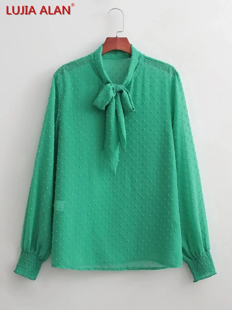 

New Women's Dot Flocked Chiffon Stand Collar Lace Up Bowknot Long Sleeve Casual Loose Blouse Smock LUJIA ALAN B885