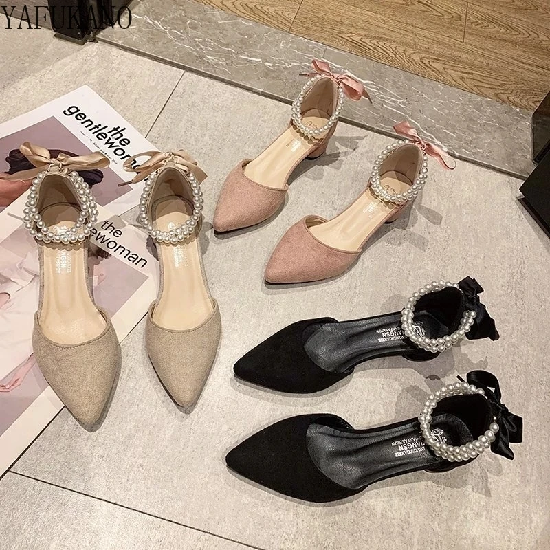 

Summer Women Sandals String Bead Ankle Strap Dress Shoes Pointed Toe Mid Heel Ladies High Heels Pearl Chain Wedding Party Pumps
