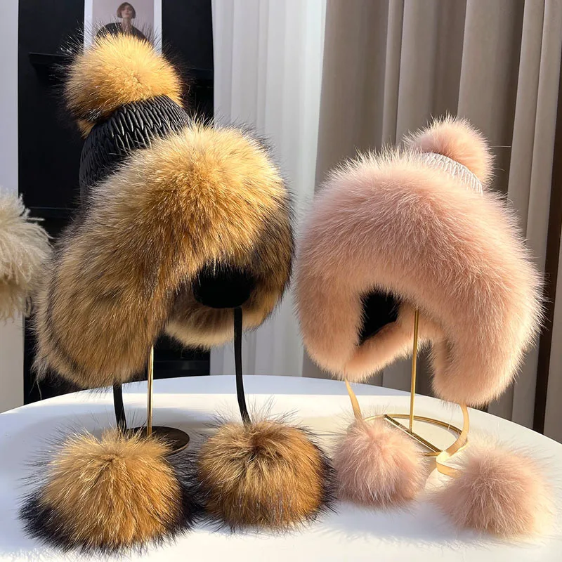  Fox Fur Hat  Winter Lei Feng Hat With Sweet And Lovely Plush Ball  Ear Protection Cap Real Natural Fox Fur Hat Black Fur Cap