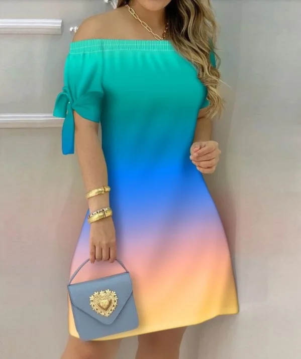 

Женское мини-платье с открытыми плечами, летние сексуальные платья с коротким рукавом и бантом в полоску, с цветочным принтом, модное повсед...