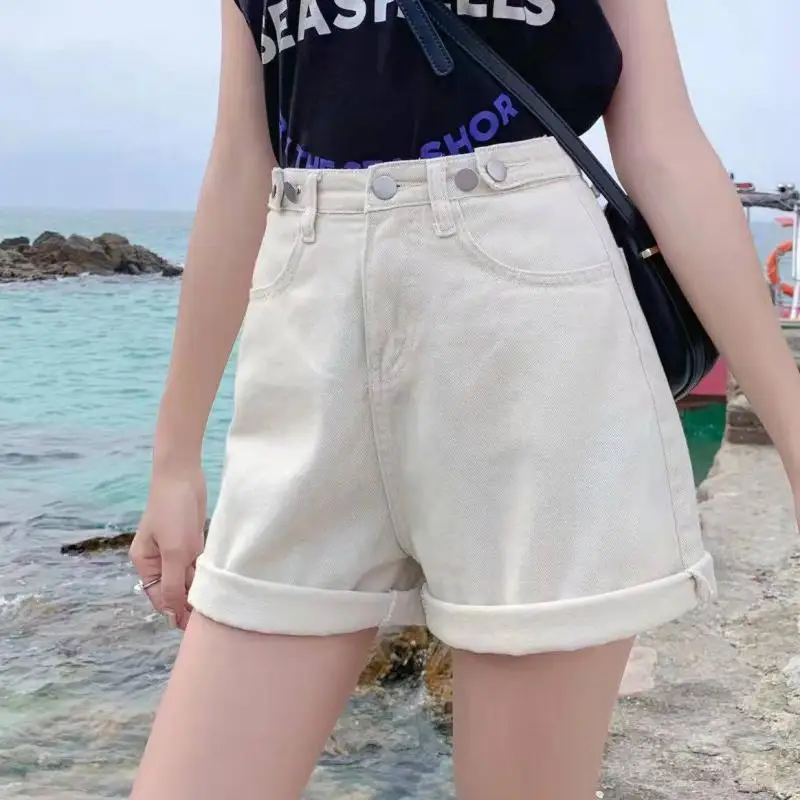 

Shnsophi Blue Denim Shorts For Women Button Adjust High Waist Short Harajuku Bermuda Wide Legs Ladies Summer Cotton Jean Shorts