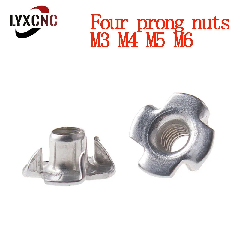 

10/20/50PC M3 M4 M5 M6 Zinc Plated Four Claws Nut Speaker T-nut Blind Pronged Insert Tee Nut Furniture Hardware wood inlay nut