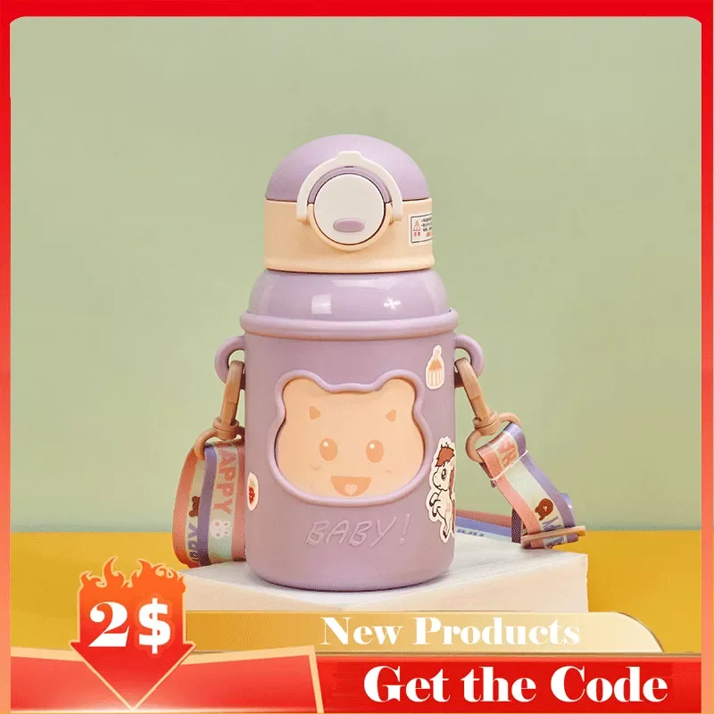 

NEW2023 Portable Water Bottle Hot Drinks Vacuum Flasks Girls Insulated Cup Cartoon Bear Thermal Mug Children Straw Tumbler Cute