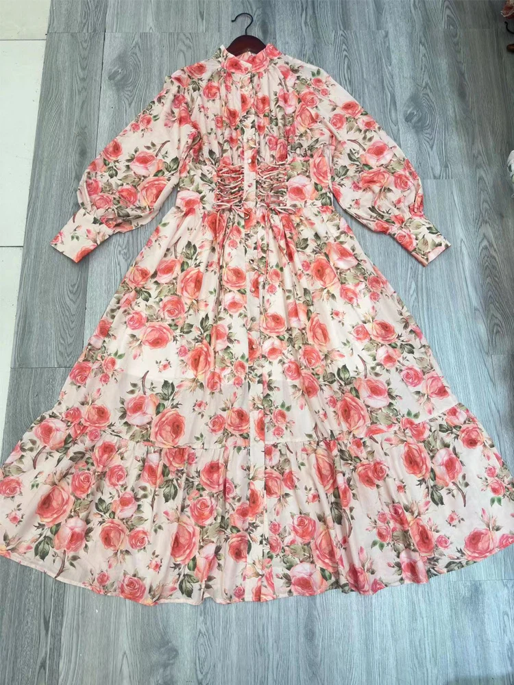 

Женское богемное платье-миди SEQINYY, модельное винтажное розовое платье с цветочным принтом и перекрестной талией, весна-лето