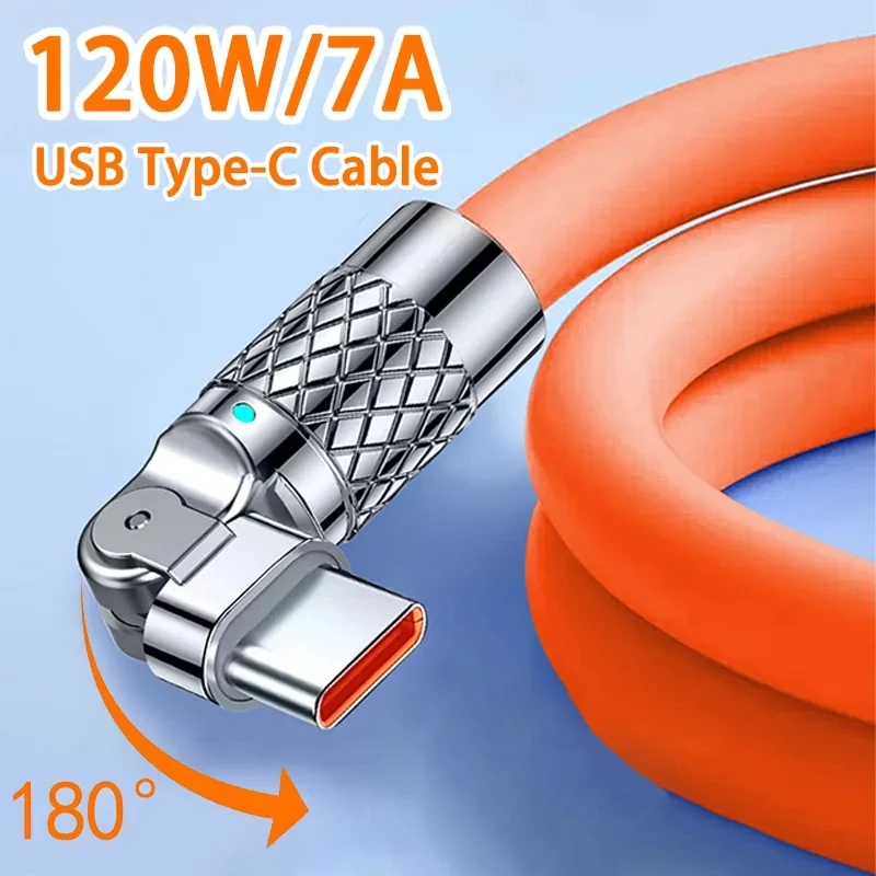 

120W 7A 180 Degree Connector Type-C USB Cable Phone Cord For Samsung Xiaomi Redmi Android LED Indicator Fast Charge Wire Cable