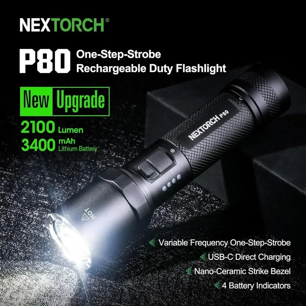 Фото Перезаряжаемый фонарь NEXTORCH P80, высокая яркость, 2100 люмен, тактический светодиодный фонарь с 5 режимами работы №1