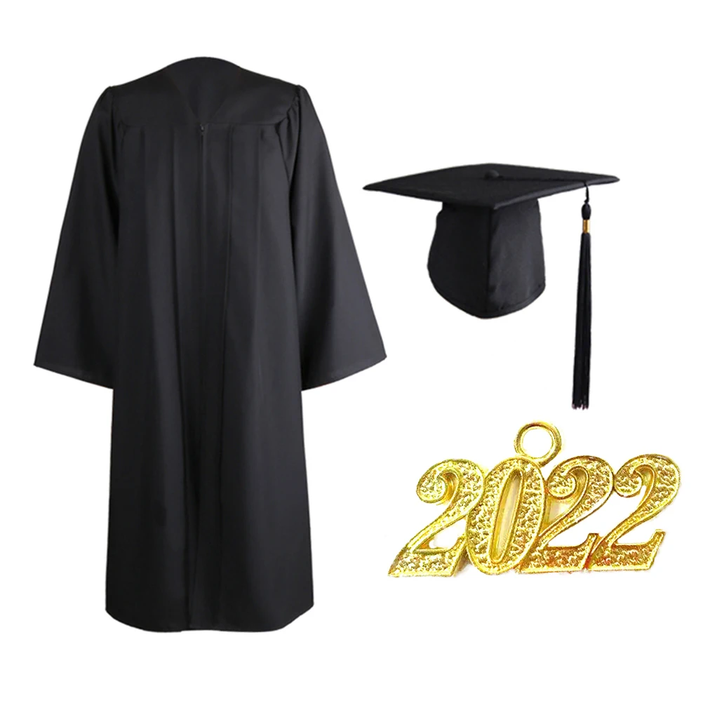 Graduation Gown Cap 2022 Black And Robe Hat Tassel Collar College Cloak Robes Charm Costume Masters Academic Tassle Coat Judges