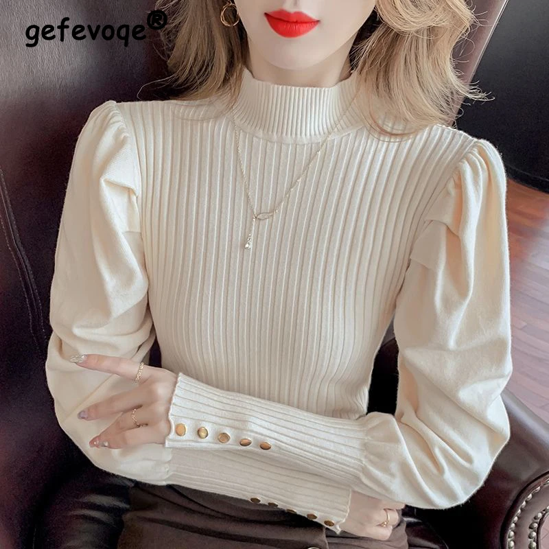 

Autumn Winter Fashion Half High Collar Elegant Chic All Match Rib Knit Sweater Women's Solid Slim Long Sleeve Ladies Tops Jumper