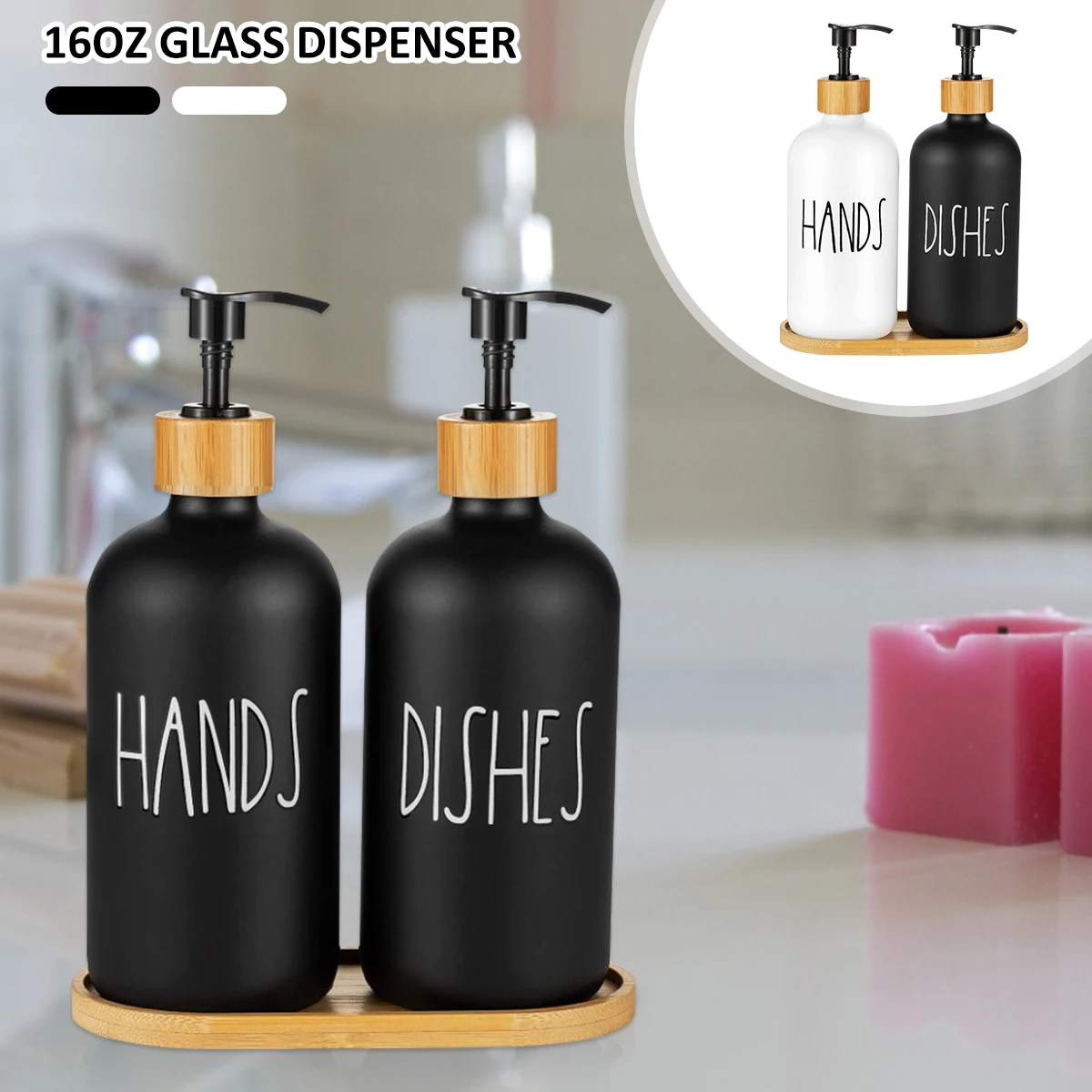 

New 2 Pack Soap Dispenser Bottle with Bamboo Pump Soap Tray 16 Oz Refillable Hand Soap Container Reusable Rustic Detergent