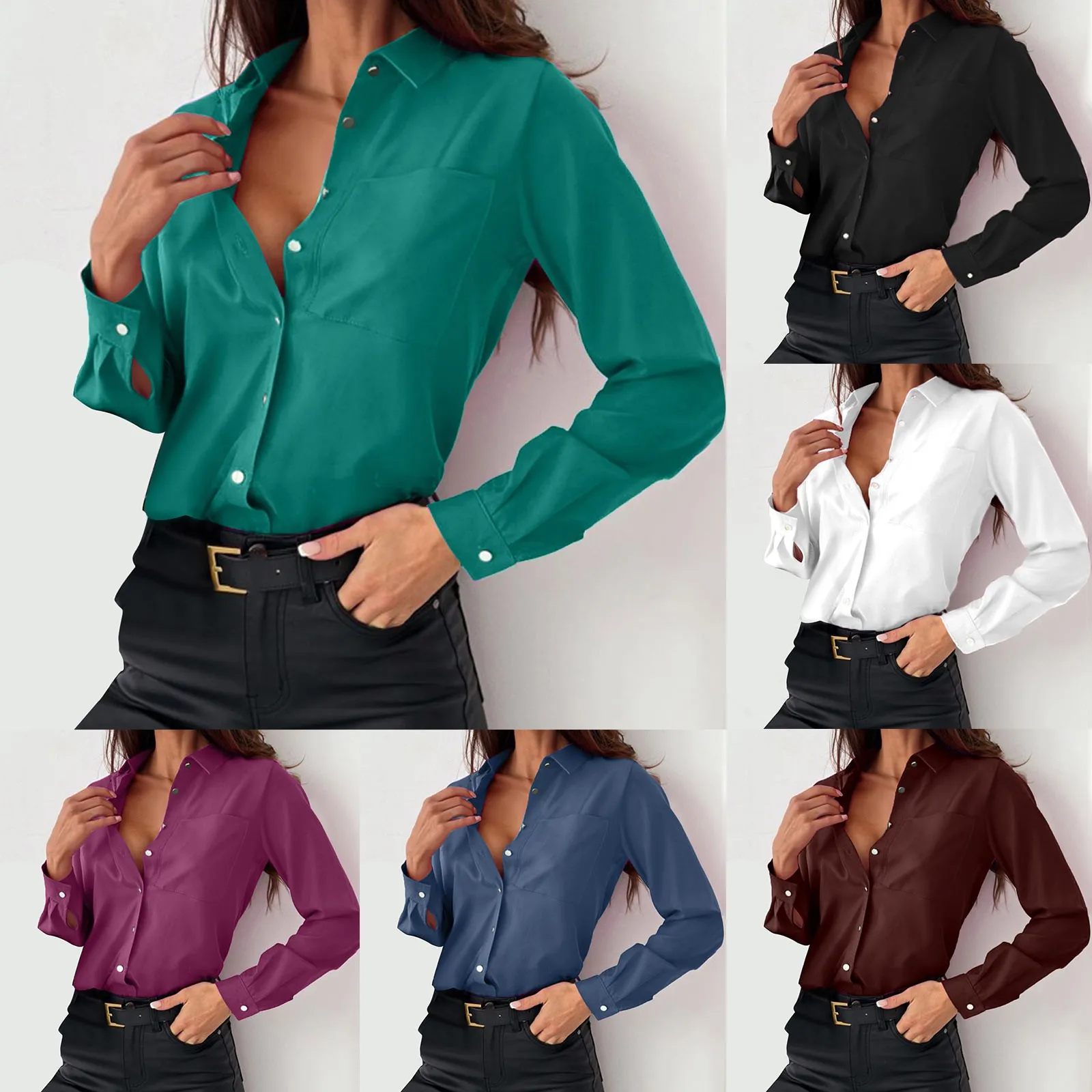 

Women's Casual Fashion Satin Shirts Solid Color V Collar Button Long Sleeve Office Shirt Autumn Elegant Female Business Blouse