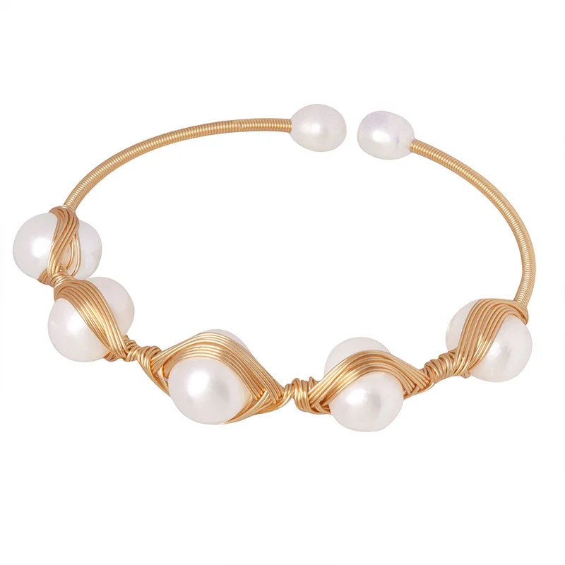 

Minar Elegant Natural Freshwater Pearl Bangles for Women Mujer 14K Gold Plated Brass Twist Chain Open Adjustable Cuff Bracelet