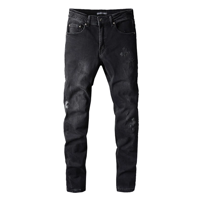 

Men's Black Best Sellers Skinny Leather Cross Patchwork Black Gray Slim Fit Distressed High Street Style Gray Holes Ripped Jeans