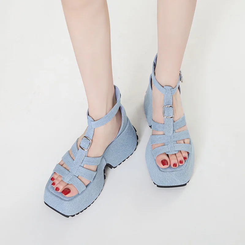 Summer Special-Interest Design Blue Denim Platform Women's Casual Ladies Roman Sandals Muffin Fashionable Ladies Shoes