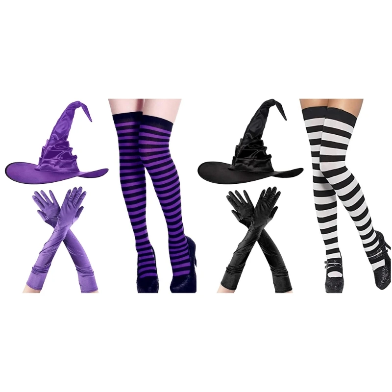 

N58F 3pcs Halloween Festival Costume Witchcap Ruched Witch Cap SatinGloves Women Striped Knee Socks Witch Cosplay Costume