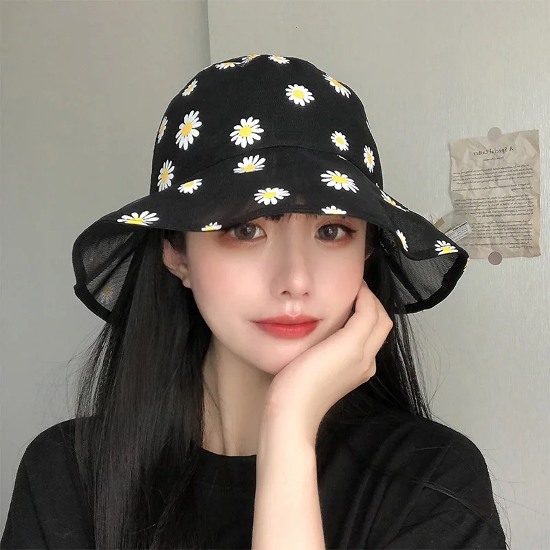 

Daisies Bucket Hats for Women Soft Transparent Mesh Panama Bob Caps Girls Breathable Summer Sunshade Fishermen Beach Sun Hats