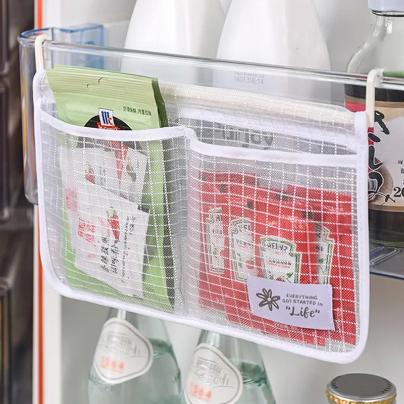 

1/2pcs Portable Seasoning Food Snacks Net Bag Refrigerator Storage Mesh Bag Double Compartment Hanging Bag Kitchen Accessories
