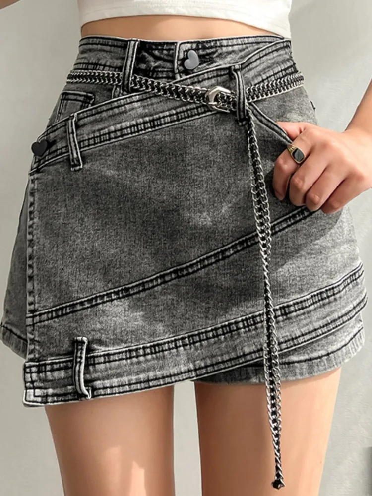 

Denim Skirt New High Waist Irregular Chain Spliced Gray Above Knee Skirts Female Tide Summer 2023 Fashion Women's Y2k Skirt
