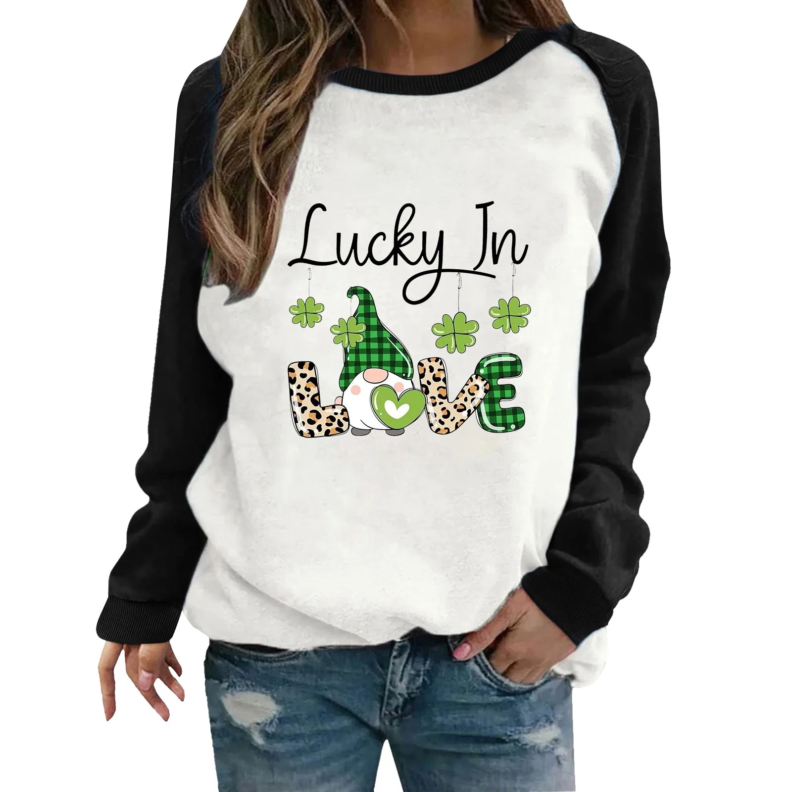 

Crewneck Long Sleeve Casual Wear Pullover Sweatshirts Green Pattern Printed Sweatshirt For Comfortable Workout Clothes Women