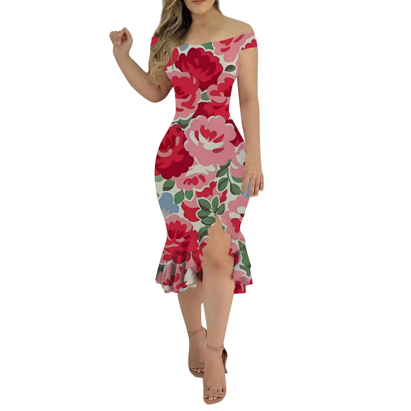 

Women'S Vintage Split Print Sleeveless Dress O-Neck A Line Ruffle Sundress Off Shoulder Elegant Dress Solid Color Loose Dress