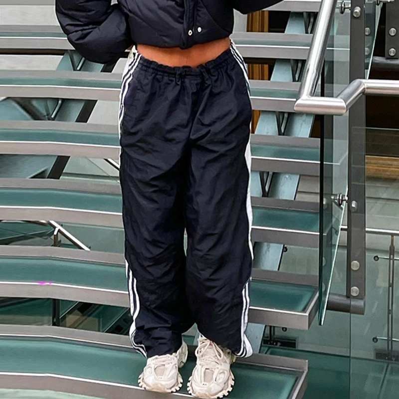 

Cargo Style Elastic Low Waist Hippie Baggy Trousers Korean Fashion Side Stripe Joggers Sweatpants Harajuku Grunge Straight Pants
