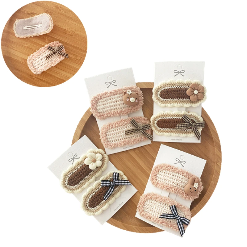 

2 Pcs/set Autumn Winter Wool Children Hair Clips Brown Animal Bows Flower BB Clip Cute Barrettes for Girls Kids Hair Accessories