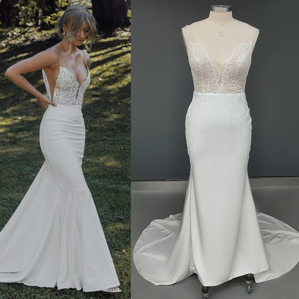 

Mermaid Spaghetti Straps Lace Bridal Gowns Buttons Custom Made Backless Fit And Flare Minimalist Long Micro V Neck Wedding Dress