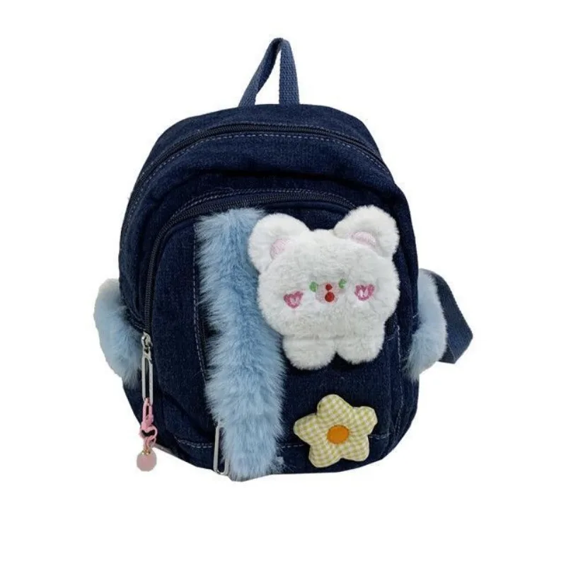 

New Y2K Bag 2023 Denim Blue Canvas Backpacks for Women Cute Cartoon Patchwork School Bag Preppy Style Rucksack Bolsas Mujer