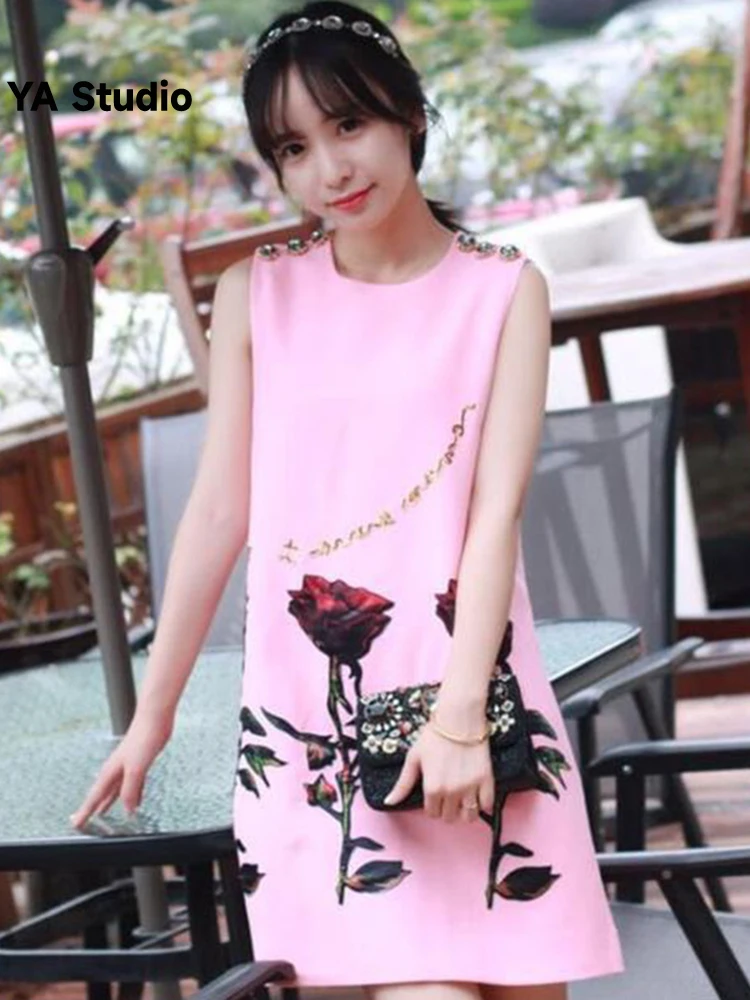 

[YA Studio] Pink Rose Dress Heavy Diamond Embroidered Beaded A-line Tank Top For Women Summer 2023 New