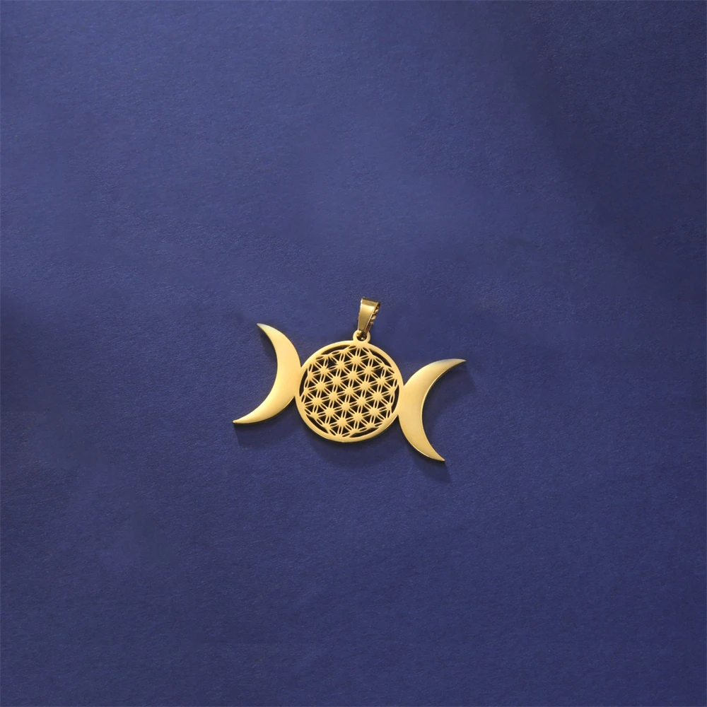 5pcs/Lot Wholesale Double Crescent Moon Pendants Stainless Steel Flower Of Life Charms For Jewelry Making Diy Necklace Accessory