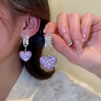 shiny luxury purple heart dangle earring for women delicate%c2%a0crystal rhinestones earring korean fashion girl lady party jewelry