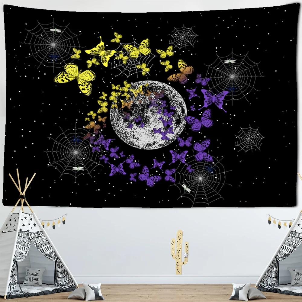 

Black Light Tapestry UV Reactive Planet Butterfly Tapestry Abstract Psychedelic Moon Wall Hanging Bohemian Hippie Art Home Decor