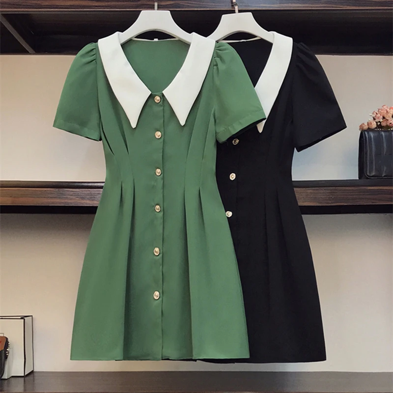 

2022 Summer Big Size Dresses For Women Casual Loose Short Sleeve Black Green Dress Doll Collar Single Breasted Midi Vestidos