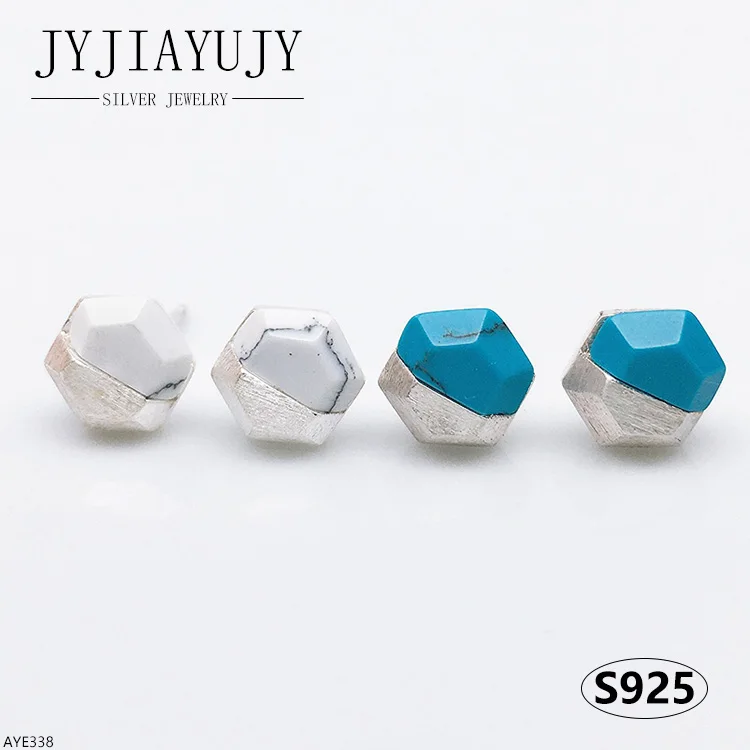 

JYJIAYUJY 100% Sterling Silver S925 Stud Earrings Geometric Blue White Hexagon Shape Daily Hypoallergenic Jewelry Gift AYE338