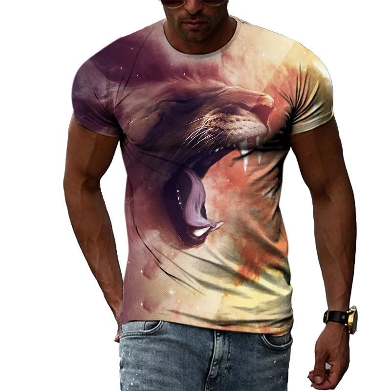 

Футболка мужская летняя с 3D рисунком льва, модная Повседневная рубашка с коротким рукавом, уличная одежда в стиле Харадзюку