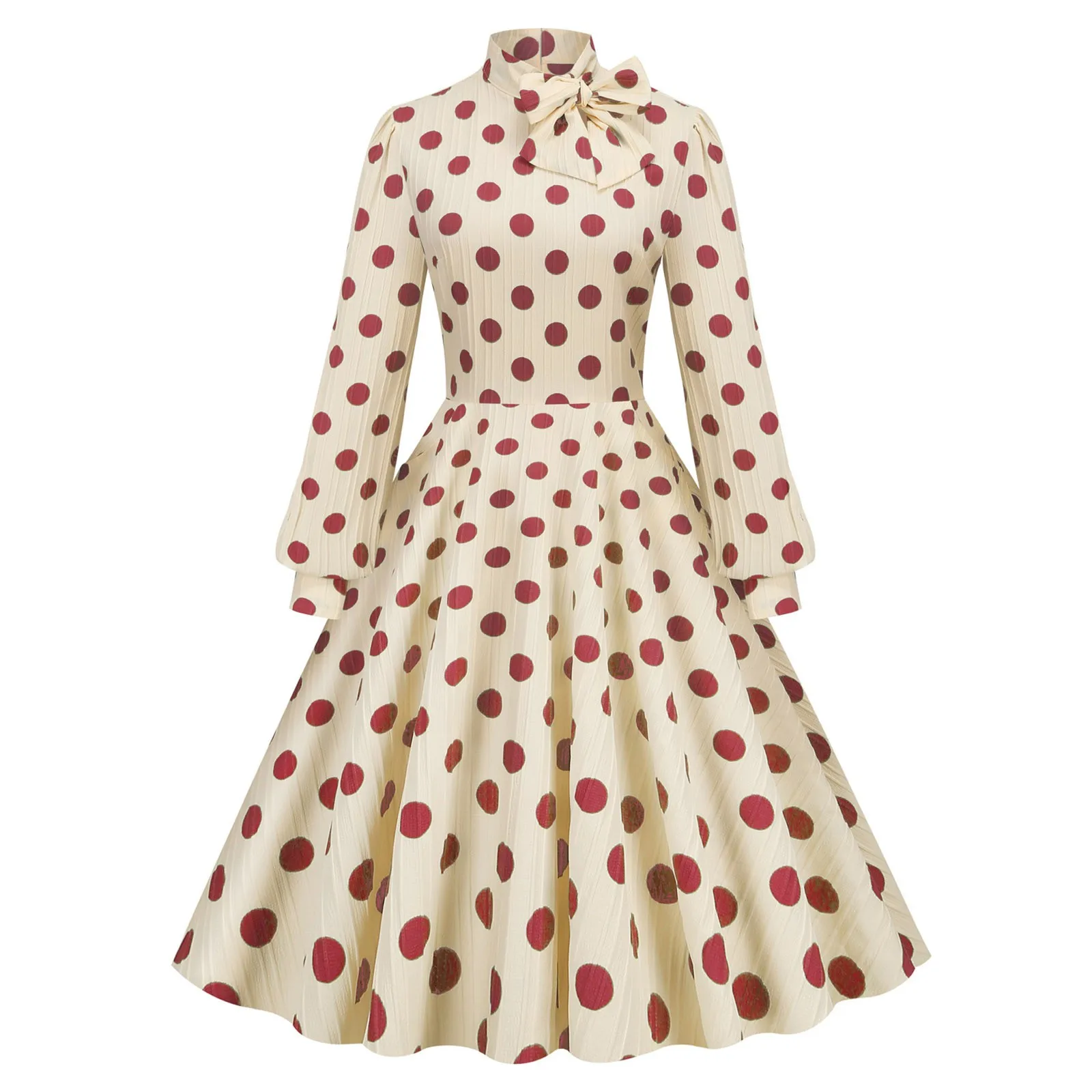 

Lace-up Dresses Women Elegant Polka Dot A-line Autumn Casual Sundresses Simple Vintage Long Sleeve Bownot Dress Vestidos