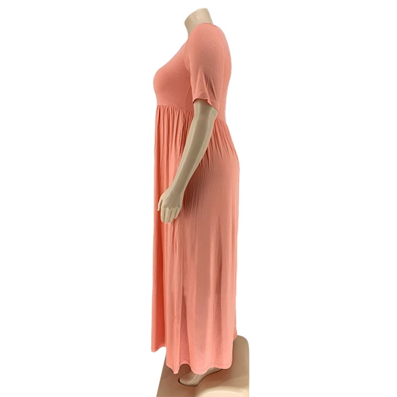 

L5YA Women Half Sleeve O-Neck Flared Hem Solid Color Casual Loose Maxi Flowy Dress