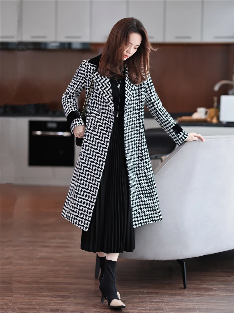 Women Elegant Plaid Long Blazer Trench Coat Jacket French Fashion Design Vintage Slim Double Breasted Windbreaker Female Outwear