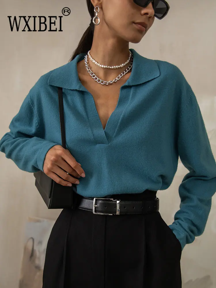 

WXIBEI Vintage Polo Collar Sweaters Autumn Winter Women's 2022 New Solid Loose Thick Pullover Female Warm Sweater Jumpers FC045