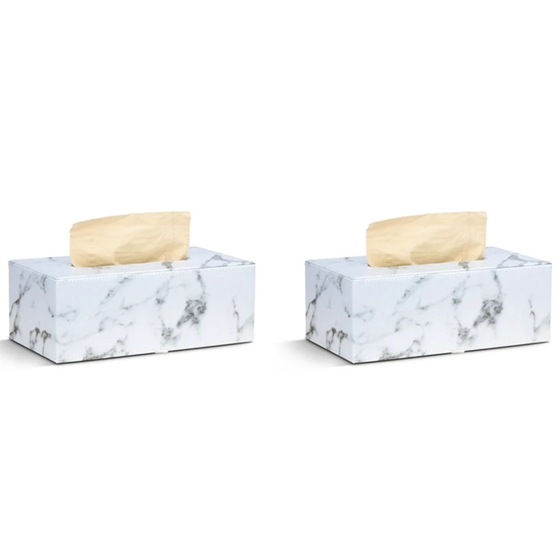

2X Rectangular Marble PU Leather Facial Tissue Box Cover Napkin Holder Paper Towel Dispenser Container