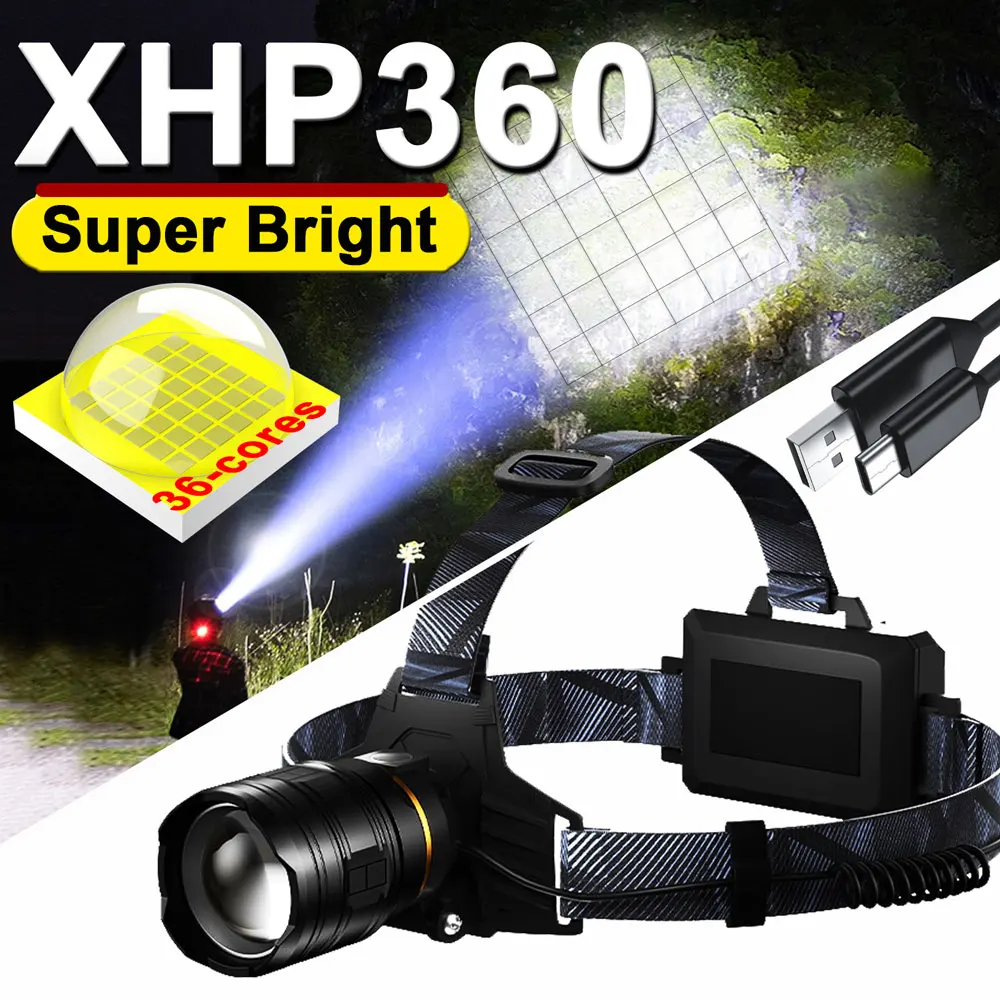 Самый мощный XHP360 36-ядерный налобный фонарь 18650 перезаряжаемый фонарик ZOOM фара для