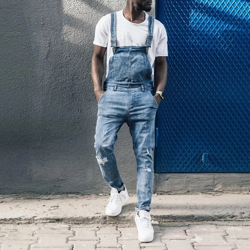 Men's Fashionable Suspender Denim Jumpsuit Jeans Trousers Popular Overalls Full Length Cargo Pants Bibs Rompers